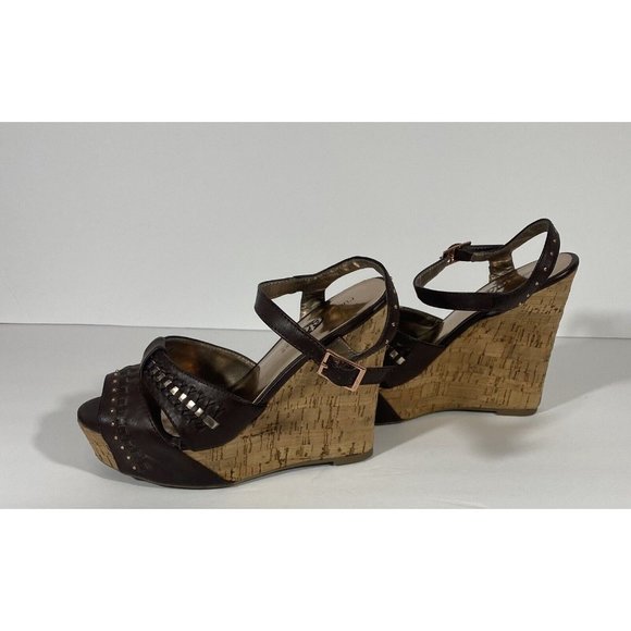 Rue21 Etc Shoes Wedge Open Toe Brown Sandal Wedge Heel Sz 7/8 Ankle Strap Studs - Picture 4 of 10